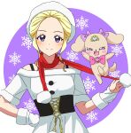 1girl alternate_hairstyle blonde_hair christmas commentary dog dress dress_straps fuurin_asumi gloves hair_up half_gloves hand_on_hip hat healin&#039;_good_precure highres kousuke0912 latte_(precure) looking_at_viewer off-shoulder_dress off_shoulder open_mouth precure red_scarf scarf short_sleeves sidelocks smile snowflake_background solo upper_body violet_eyes white_dress white_gloves white_headwear 