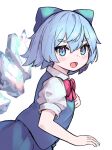  1girl :d blue_bow blue_dress blue_eyes blue_hair blush bow bowtie cirno dress eyebrows_visible_through_hair from_side hair_between_eyes highres ice ice_wings looking_at_viewer memmemme puffy_short_sleeves puffy_sleeves red_bow red_bowtie short_hair short_sleeves simple_background smile solo touhou upper_body white_background wings 