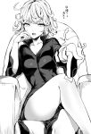  1girl absurdres bangs breasts chair crossed_legs dress eyebrows_visible_through_hair greyscale highres hotate-chan looking_at_viewer monochrome on_chair one-punch_man open_mouth short_hair simple_background sitting small_breasts solo tatsumaki thighs translation_request white_background 