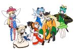  &gt;_&lt; 6+girls absurdres american_flag_dress antennae aqua_hair arms_behind_back ascot barefoot black_footwear black_headwear blonde_hair blue_bow blue_dress blue_hair boots bow brown_hair butterfly_wings chestnut_mouth cirno closed_eyes closed_mouth clownpiece constellation_print detached_wings dress eternity_larva eyebrows_visible_through_hair fairy fairy_wings full_body green_dress green_skirt hair_between_eyes hair_bow hat headdress highres hyoju032 ice ice_wings jester_cap knee_boots leaf leaf_on_head loafers long_hair long_sleeves luna_child matara_okina multicolored_clothes multicolored_dress multiple_girls one_eye_closed open_mouth orange_hair orange_sleeves pantyhose pink_eyes pink_headwear polka_dot_headwear puffy_short_sleeves puffy_sleeves red_dress shirt shoes short_hair short_sleeves simple_background single_strap skirt smile socks star_(symbol) star_print star_sapphire striped striped_dress striped_legwear sunny_milk tabard torn_clothes torn_dress torn_legwear touhou touhou_sangetsusei two_side_up violet_eyes white_background white_dress white_headwear white_legwear white_shirt wide_sleeves wings yellow_ascot 