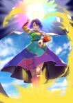  1girl :3 aura bangs belt black_belt blue_eyes blue_hair blush boots breasts cape card cloak cloud_print commentary_request dress eyelashes highres long_sleeves multicolored_clothes multicolored_dress multicolored_hairband open_mouth patchwork_clothes pointing pointing_down pointing_up purple_footwear rainbow_gradient red_button rorikon_(youkon) short_hair sky sky_print small_breasts solo tenkyuu_chimata touhou two-sided_cape two-sided_fabric v-shaped_eyebrows white_cape white_cloak yellow_bag zipper zipper_pull_tab 