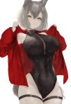  1girl absurdres animal_ears arknights bangs bare_shoulders black_swimsuit breasts commentary_request cowboy_shot hair_between_eyes highres jacket kajuu large_breasts looking_at_viewer one-piece_swimsuit open_clothes open_jacket partial_commentary projekt_red_(arknights) projekt_red_(light_breeze)_(arknights) red_jacket short_hair silver_hair simple_background solo standing swimsuit thigh_strap thighs white_background wolf_ears yellow_eyes 