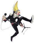  1boy :d amplifier artist_name belt blonde_hair blurry boku_no_hero_academia boots costume crested_hair depth_of_field epaulettes facial_hair fingerless_gloves gloves hair_up headphones jacket long_hair male_focus microphone mustache open_mouth pose present_mic simple_background smile solo studded_belt studded_jacket sunglasses tinted_eyewear tongue tongue_out ura_musi white_background 