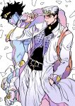  2boys adjusting_clothes adjusting_headwear bag black_hair blue_skin bookbag colored_skin diamond_wa_kudakenai highres jojo_no_kimyou_na_bouken kujo_jotaro long_coat male_focus multiple_boys nitako stand_(jojo) star_platinum vest 