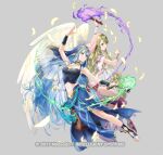  2girls asymmetrical_legwear azura_(fire_emblem) blonde_hair blue_hair breasts choker feathers fire_emblem fire_emblem:_radiant_dawn fire_emblem_fates fire_emblem_heroes full_body green_eyes holding holding_torch kaya8 leanne_(fire_emblem) long_hair looking_at_viewer medium_breasts multiple_girls navel official_alternate_costume official_art pantyhose toeless_legwear torch veil very_long_hair wings yellow_eyes 