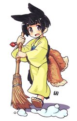  1girl :d animal_ears black_hair broom fang fox_ears fox_tail full_body japanese_clothes kimono kukuri_(mawaru) looking_at_viewer mawaru_(mawaru) multiple_tails obi open_mouth original sandals sash short_hair simple_background skin_fang smile solo sweeping tail white_background yellow_kimono 