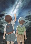  2boys bag baseball_cap brown_hair commentary_request hat highres looking_up milky_way momotaro_chitose multiple_boys night night_sky original outdoors scenery school_bag shooting_star short_sleeves shorts sky star_(sky) stargazing starry_sky tree 