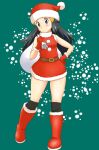  1girl beanie belt black_hair black_legwear blue_eyes blush boots brown_belt christmas commentary_request dress fur-trimmed_dress fur_trim gloves green_background hat highres hikari_(pokemon) holding holding_sack long_hair looking_to_the_side over-kneehighs over_shoulder parted_lips pokemon red_dress red_footwear red_gloves red_headwear sack santa_boots santa_dress santa_gloves santa_hat short_dress sleeveless sleeveless_dress solo standing thigh-highs tof 
