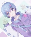  1boy androgynous arms_up bandages blue_eyes blue_hair blush cyokomilk0901 hair_ornament hairclip headphones highres jacket long_sleeves male_focus microphone original pale_skin solo solo_focus stitches 