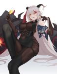  1girl aegir_(azur_lane) alcohol azur_lane bangs black_gloves black_legwear blush bodysuit breasts champagne covered_navel earrings elbow_gloves eyebrows_visible_through_hair gloves highres horns jewelry kojo_(0124) large_breasts long_hair looking_at_viewer multicolored_hair parted_lips redhead silver_hair smile solo streaked_hair thigh-highs thighs white_background yellow_eyes 