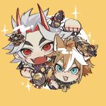  2boys :3 animal_ears arataki_itto bangs black_gloves blue_eyes brown_hair chibi clenched_hands dog_boy dog_ears facial_mark fang fangs fingerless_gloves genshin_impact gloves gorou_(genshin_impact) hair_between_eyes hair_ornament hat highres horns japanese_clothes looking_at_viewer makeup male_focus multicolored_hair multiple_boys open_mouth poi_poifu red_eyes simple_background sparkle streaked_hair tassel thick_eyebrows two-tone_background white_hair 