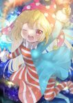  1girl ;d absurdres american_flag_dress ashino_chimado blonde_hair blurry blush bokeh clownpiece depth_of_field flat_chest fur_trim hat highres holding holding_torch jester_cap light_particles long_hair looking_at_viewer one_eye_closed pink_eyes polka_dot smile solo teeth torch touhou upper_teeth 
