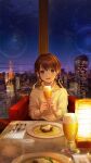  1girl bangs blush brown_hair building chair city city_lights cityscape cup earrings food fork hands_up highres holding holding_cup indoors jewelry knife long_sleeves looking_at_viewer night original parted_lips plate short_hair sitting sky smile solo spoon sweater tokyo_(city) tokyo_tower tsujin_bohboh turtleneck turtleneck_sweater violet_eyes white_sweater window 
