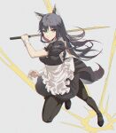  1girl alternate_costume animal_ears apron arknights black_dress black_footwear black_hair black_legwear breasts colored_inner_hair dress enmaided eyebrows_visible_through_hair frilled_apron frills from_above full_body grey_background highres holding holding_sword holding_weapon jumping kernel_killer leg_up looking_at_viewer looking_up maid medium_breasts multicolored_hair pantyhose puffy_short_sleeves puffy_sleeves redhead short_sleeves simple_background solo sword tail texas_(arknights) two-tone_hair v-shaped_eyebrows weapon white_apron wolf_ears wolf_girl wolf_tail yellow_eyes 