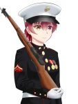  1girl black_shirt commentary english_commentary gloves gun hat heterochromia highres holding holding_gun holding_weapon hololive houshou_marine jomski_27 long_sleeves medal military military_uniform namesake peaked_cap red_eyes redhead shirt uniform upper_body virtual_youtuber weapon white_gloves yellow_eyes 