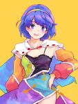  1girl bangs black_camisole blue_eyes blue_hair blush breasts camisole cape collarbone commentary_request eyebrows_visible_through_hair highres long_sleeves multicolored_clothes multicolored_hairband open_mouth patchwork_clothes rainbow_gradient short_hair simple_background sky_print small_breasts spaghetti_strap tenkyuu_chimata touhou unzipped wasabisuke yellow_background zipper 