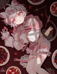  1boy androgynous animal_ears crossdressing food fruit harness highres looking_up lying male_focus mouse_boy mouse_ears mouse_tail multicolored_hair on_table original otoko_no_ko pale_skin pink_eyes pink_hair ribbon solo solo_focus strawberry table tail wenaka_yuuji white_hair 
