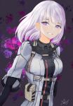  1girl absurdres artist_name bangs black_bodysuit bodysuit breasts eyebrows_visible_through_hair girls_frontline highres lips looking_at_viewer medium_breasts rpk-16_(girls&#039;_frontline) short_hair silver_hair smile solo tactical_clothes teeth upper_body violet_eyes yoshi-j 