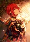  1girl akagi_shun bangle bracelet eyebrows_visible_through_hair flower hair_between_eyes holding japanese_clothes jewelry looking_up original parted_lips petals red_eyes redhead short_hair solo standing sunlight sunset upper_body 