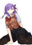  1girl absurdres artist_name blush brown_vest collared_shirt escargotcircle fate/stay_night fate_(series) hair_between_eyes hair_ribbon highres homurahara_academy_uniform long_hair long_sleeves looking_at_viewer matou_sakura neck_ribbon open_mouth own_hands_together purple_eyes purple_hair red_ribbon ribbon school_uniform shirt simple_background solo vest white_background white_shirt 
