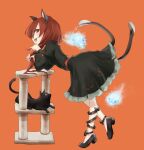  1girl alternate_hairstyle animal_ears bent_over cat cat_day cat_ears cat_tail dress full_body hitodama juliet_sleeves kaenbyou_rin long_hair long_sleeves multiple_tails nekomata orange_background profile puffy_sleeves red_eyes redhead sideways_glance simple_background skull solo tail touhou two_tails yukimiharu 