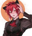  1boy actors_(exit_tunes) animal_ear_headwear animal_ears ascot black_shirt black_vest cat_ears collared_shirt commentary earrings enjouji_mike fake_animal_ears fang frith_(ya) hairband hand_in_hair highres jewelry long_sleeves open_mouth orange_eyes red_ascot redhead shirt simple_background solo sweatdrop vest 