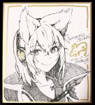  1girl cape chest_tattoo dated earmuffs eyes_visible_through_hair hair_between_eyes highres looking_at_viewer monochrome pointy_hair signature smile solo syuri22 tattoo touhou toyosatomimi_no_miko traditional_media upper_body 