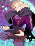  1boy black_nails blonde_hair claws crescent_moon dio_brando jojo_no_kimyou_na_bouken jonya long_hair male_focus moon phantom_blood purple_scarf red_eyes scarf solo suspenders vampire 