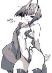  1girl bob_cut breasts closed_mouth collarbone commentary_request fate/grand_order fate_(series) greyscale hair_ornament highres horns looking_at_viewer monochrome navel oni oni_horns revealing_clothes short_hair shuten_douji_(fate) simple_background small_breasts smile solo takatsuki_ichi thighs translation_request white_background 