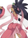  1girl :d black_hair brown_eyes commentary_request dark-skinned_female dark_skin eyelashes hair_rings hair_tie highres iris_(pokemon) long_hair long_sleeves looking_to_the_side momose_1228 open_mouth outstretched_arm pink_skirt pokemon pokemon_(game) pokemon_bw2 shirt simple_background skirt smile solo teeth tiara tied_hair tongue upper_teeth white_background white_shirt wide_sleeves 