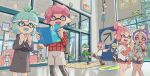  commentary_request door eyebrows_visible_through_hair eyewear_on_head glass_door highres holding_hands indoors morning multiple_boys multiple_girls onakaitai open_mouth rug shorts squid_game standing tree 