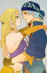  1boy 1girl bandana blonde_hair blue_eyes breasts brown_eyes celes_chere closed_mouth earrings final_fantasy final_fantasy_vi gloves hug jewelry lock_cole long_hair payu_(pyms11) simple_background smile 