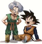  2boys black_eyes black_hair blue_eyes child commentary dragon_ball hand_on_hip highres looking_at_another male_focus multiple_boys open_mouth short_hair simple_background sitting smile son_goten spiky_hair tommmmieee trunks_(dragon_ball) white_background 