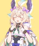  1girl :d ^_^ blonde_hair blue_hair blush bow breasts closed_eyes enna_alouette fur_trim hair_bow head_wings highres hood long_hair moonie multicolored_hair nijisanji nijisanji_en open_mouth purple_bow small_breasts smile solo streaked_hair upper_body virtual_youtuber yellow_background 