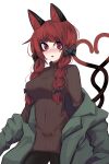  1girl absurdres animal_ear_fluff bangs blunt_bangs blush braid eyebrows_behind_hair heart heart_tail highres kaenbyou_rin long_hair looking_at_viewer mandarok1149 nose_blush off_shoulder parted_lips red_eyes redhead simple_background solo sweater tail touhou turtleneck twin_braids twintails white_background 