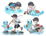  1boy black_hair commentary_request eating food fruit highres newo_(shinra-p) open_mouth pet_play pokemon pokemon_(creature) pouring sandals shell shorts smile squirtle stepping_stones water watermelon 