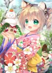  1girl :d animal_ear_fluff animal_ears bangs blonde_hair blurry blurry_background blush chinese_zodiac eyebrows_visible_through_hair fang floral_print green_eyes hands_up highres holding japanese_clothes kimono looking_at_viewer medium_hair new_year obi original pink_kimono sash smile solo tail tail_raised tiger_ears tiger_tail upper_body year_of_the_tiger yorarry 