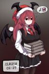  1girl bat_wings book book_stack breast_rest breasts chibi chibi_inset cowboy_shot dated empty_eyes gradient gradient_background hat head_wings holding holding_book koakuma long_hair mandarok1149 necktie pantyhose patchouli_knowledge red_eyes red_necktie redhead santa_hat simple_background solo spoken_character thought_bubble touhou wing_collar wings 
