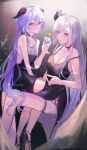  2girls alcohol blue_eyes blue_hair choker dress earrings ganyu_(genshin_impact) genshin_impact hair_ornament high_heels highres horns jewelry long_hair looking_to_the_side margarita multiple_girls pale_skin sheep_horns shenhe_(genshin_impact) tatonxry very_long_hair violet_eyes white_hair yuri 