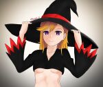  1girl breasts closed_mouth clothing collarbone female hat headwear_request love_live! love_live!_superstar!! medium_hair orange_hair roswell-ss seductive_smile shibuya_kanon small_breasts smile smug tummy under_boob violet_eyes witch witch_hat 