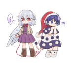  !? ... 2girls :/ :3 angel_wings arm_up bangs beige_jacket black_capelet blue_eyes blue_hair blush book bow bowtie braid breasts capelet chinese_commentary closed_mouth collared_dress commentary_request doremy_sweet dress expressionless eyebrows_visible_through_hair eyelashes feathered_wings feet_out_of_frame fingers french_braid hair_between_eyes half_updo hat highres idaku kishin_sagume knees long_sleeves looking_at_another looking_up medium_breasts multiple_girls nightcap off_shoulder pom_pom_(clothes) purple_dress red_bow red_bowtie short_hair short_sleeves silver_hair simple_background single_wing smile spoken_ellipsis standing string string_of_fate sweatdrop tail tapir_tail touhou turtleneck white_background white_dress wing_collar wings 