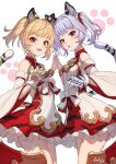  2girls :o absurdres animal_ears animal_hands animal_print arpeggio_kaga bai_(granblue_fantasy) bangs bell blonde_hair blunt_bangs brown_eyes cidala_(granblue_fantasy) commentary_request detached_sleeves erune eyebrows_visible_through_hair gloves granblue_fantasy highres huang_(granblue_fantasy) jingle_bell looking_at_viewer multiple_girls open_mouth paw_gloves paw_print paw_print_background short_hair siblings simple_background single_glove sisters tail thighs tiger_ears tiger_girl tiger_print tiger_tail white_background white_hair wide_sleeves 