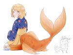  1girl animal_print bag blonde_hair blue_eyes blue_kimono eyebrows_visible_through_hair fish fish_print fish_tail floral_print hakama hakama_skirt highres hololive japanese_clothes kimono koi official_alternate_costume orange_skirt plastic_bag short_hair simple_background skirt tail virtual_youtuber watson_amelia white_background yorobisan 