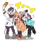  3girls adapted_costume alternate_costume animal_ears antenna_hair appleq arm_up arms_up bangs black_hair blush_stickers borrowed_character brown_eyes brown_hair casual cellphone closed_eyes drawstring extra_ears eyebrows_visible_through_hair full_body greater_roadrunner_(kemono_friends) grey_hair grin hair_tubes hand_in_pocket highres holding holding_phone hood hood_down hoodie jacket japanese_wagtail_(kemono_friends)_(kitsunetsuki_itsuki) kemono_friends leaning_forward light_brown_hair long_hair long_sleeves looking_at_object looking_at_phone maned_wolf_(kemono_friends) multicolored_hair multiple_girls open_mouth original outstretched_arm pants pantyhose phone selfie shoes sidelocks smartphone smile standing sweater tail taking_picture twintails v violet_eyes white_hair wolf_ears wolf_tail zipper zipper_pull_tab 