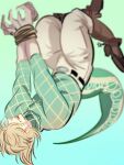  1boy argyle argyle_sweater blonde_hair blurry boots bound cowboy_boots depth_of_field diego_brando dinosaur_tail fangs gloves green_shirt hat jodhpurs jojo_no_kimyou_na_bouken jonya male_focus scary_monsters_(stand) shirt solo spurs stand_(jojo) steel_ball_run sweater tail tied_up_(nonsexual) turtleneck 