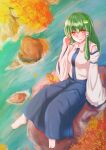 1girl bangs blush collared_shirt commentary_request detached_sleeves frog_hair_ornament green_eyes green_hair hair_ornament head_tilt highres kochiya_sanae long_skirt looking_at_viewer nontraditional_miko shirt simple_background sitting skirt sleeveless sleeveless_shirt smile snake_hair_ornament solo tamawan touhou upper_body white_shirt