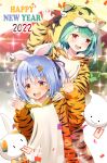  2022 2girls :d absurdres animal_costume animal_hood animal_print arm_up bangs bird blue_hair chinese_zodiac claw_pose commentary_request confetti earrings eyebrows_visible_through_hair fandead_(uruha_rushia) green_hair hand_on_another&#039;s_shoulder hands_up happy_new_year highres hololive hood hood_up hoodie jewelry long_hair long_sleeves maru-chan_niko multiple_girls new_year nousagi_(usada_pekora) print_hoodie red_eyes short_eyebrows short_hair skull_earrings smile thick_eyebrows tiger_costume tiger_hood tiger_print uruha_rushia usada_pekora virtual_youtuber year_of_the_tiger 