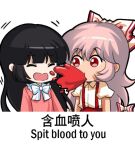  2girls bangs black_hair blood bow chibi chinese_text closed_eyes collared_shirt english_text eyebrows_visible_through_hair fujiwara_no_mokou hair_between_eyes hair_bow hime_cut houraisan_kaguya jokanhiyou long_hair looking_at_another motion_lines multiple_girls no_nose open_mouth outline pink_hair pink_shirt puffy_short_sleeves puffy_sleeves red_eyes shirt short_sleeves silver_hair simple_background spitting spitting_blood suspenders touhou upper_body very_long_hair white_background white_bow white_shirt 