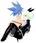  2boys 723_(tobi) :t animal_ears black_gloves black_jacket blue_eyes blue_hair carrying earrings galo_thymos gloves green_hair half_gloves jacket jewelry lio_fotia mad_burnish male_focus multiple_boys pout princess_carry promare rabbit_ears sidecut smile spiky_hair topless_male violet_eyes 