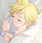  1boy bed blonde_hair closed_eyes commentary from_above hood hood_down hoodie kagamine_len lying male_focus nail_polish naoko_(naonocoto) on_side short_ponytail sleeping solo spiky_hair vocaloid white_hoodie yellow_nails 